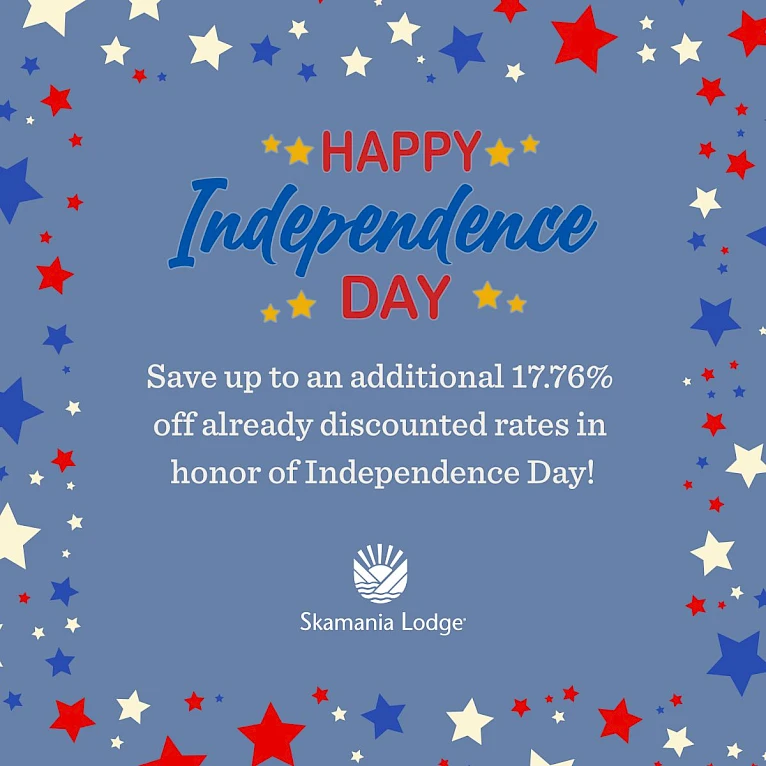 The image is an Independence Day greeting offering up to 17.76% off discounted rates, with stars and colors of red, white, and blue.