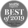 A circular badge reads “seattle magazine BEST of 2019 Readers' Choice Winner” in white text on a gray background.
