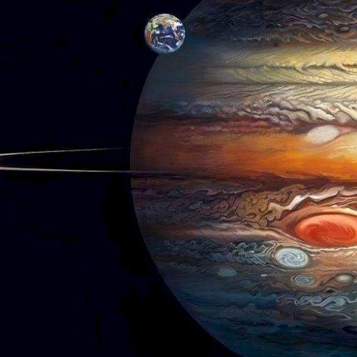 The image shows a depiction of Jupiter with its Great Red Spot and a small Earth-like planet in the background.