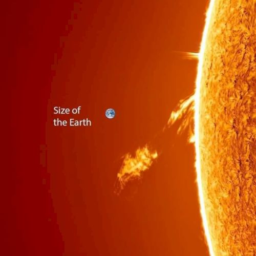The image compares the size of Earth with a solar prominence on the Sun, highlighting Earth's relative size in the solar system.