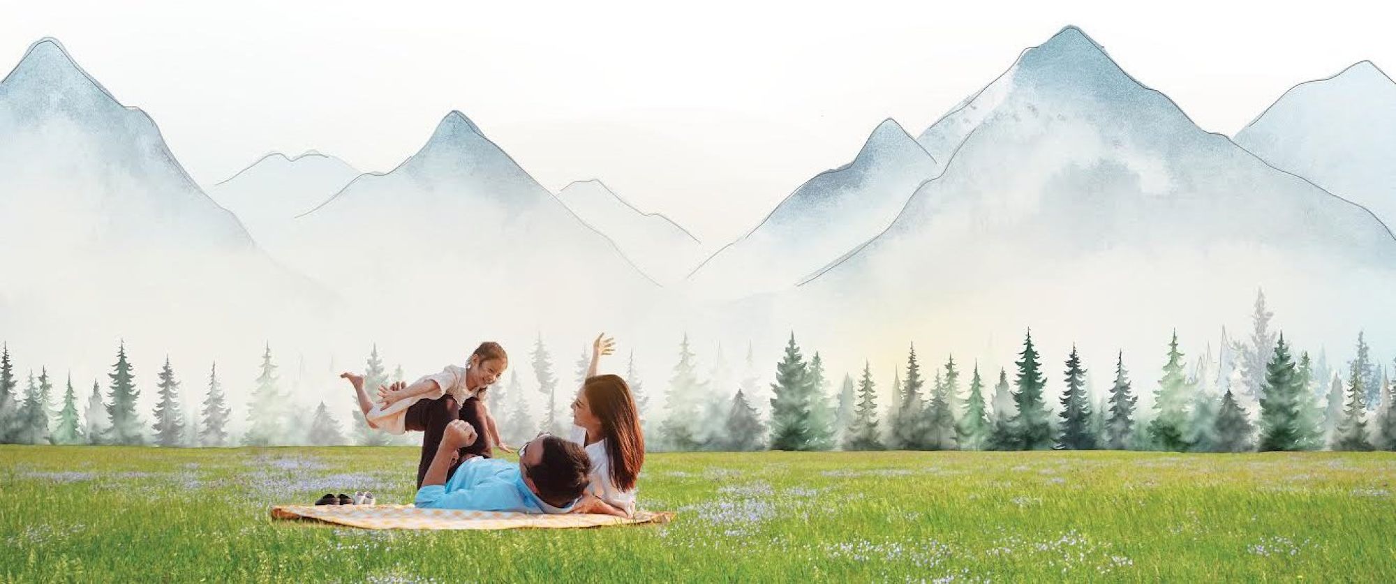 A family enjoys a picnic on a grassy field with a picturesque mountain and forest backdrop.