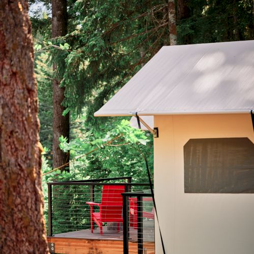 A treehouse with a tent-like structure and a red chair on the deck is surrounded by lush green forest.