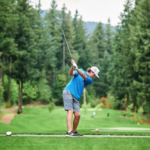 A golfer in a blue shirt and shorts swings a club on a lush, green course surrounded by tall trees.