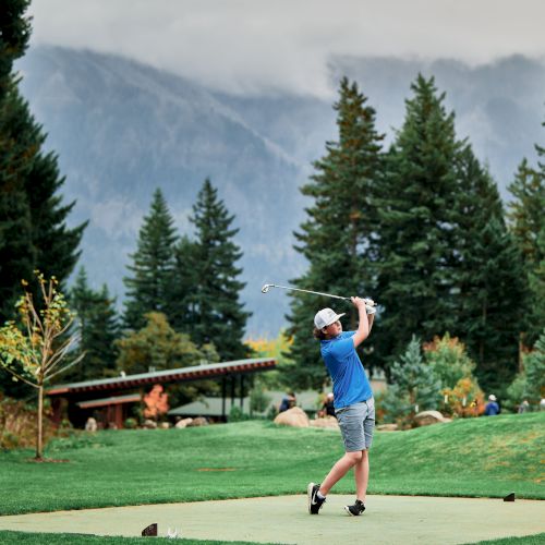 A golfer in a blue shirt swings on a lush green course, surrounded by tall trees and misty mountains in the background.