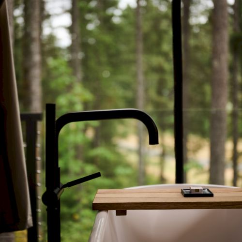 A modern bathtub with a wooden tray sits near a window overlooking a forest.