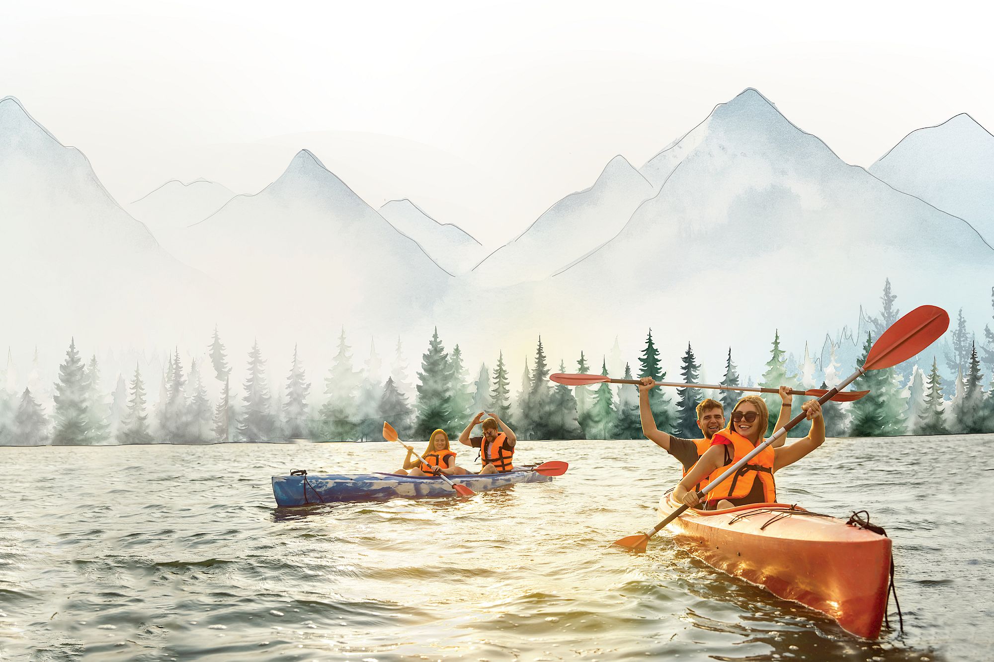 People kayaking on a lake, surrounded by trees and mountains, wearing life vests and smiling at the camera.