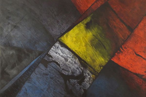 Abstract painting with bold, textured colors: black, red, yellow, and white intersecting in dynamic, angular forms and lines.