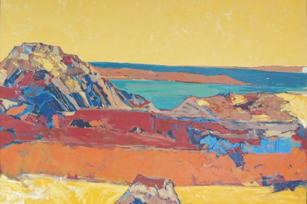 A vibrant landscape painting with colorful hills, a blue body of water, and a yellow sky in an abstract style, showcasing rich textures.