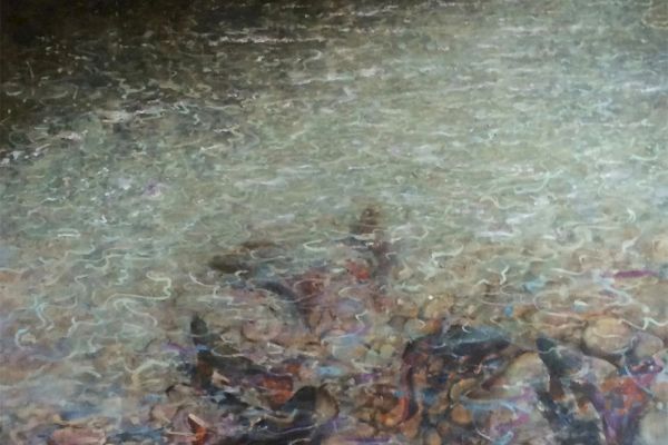 The image depicts a serene water surface with gentle ripples and rocks visible underneath, creating a calm and peaceful atmosphere.