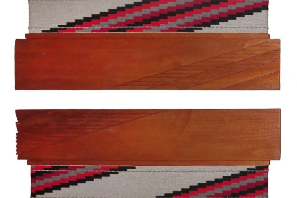 This image features two wooden weaving looms with colorful woven textile patterns in red, black, and white.