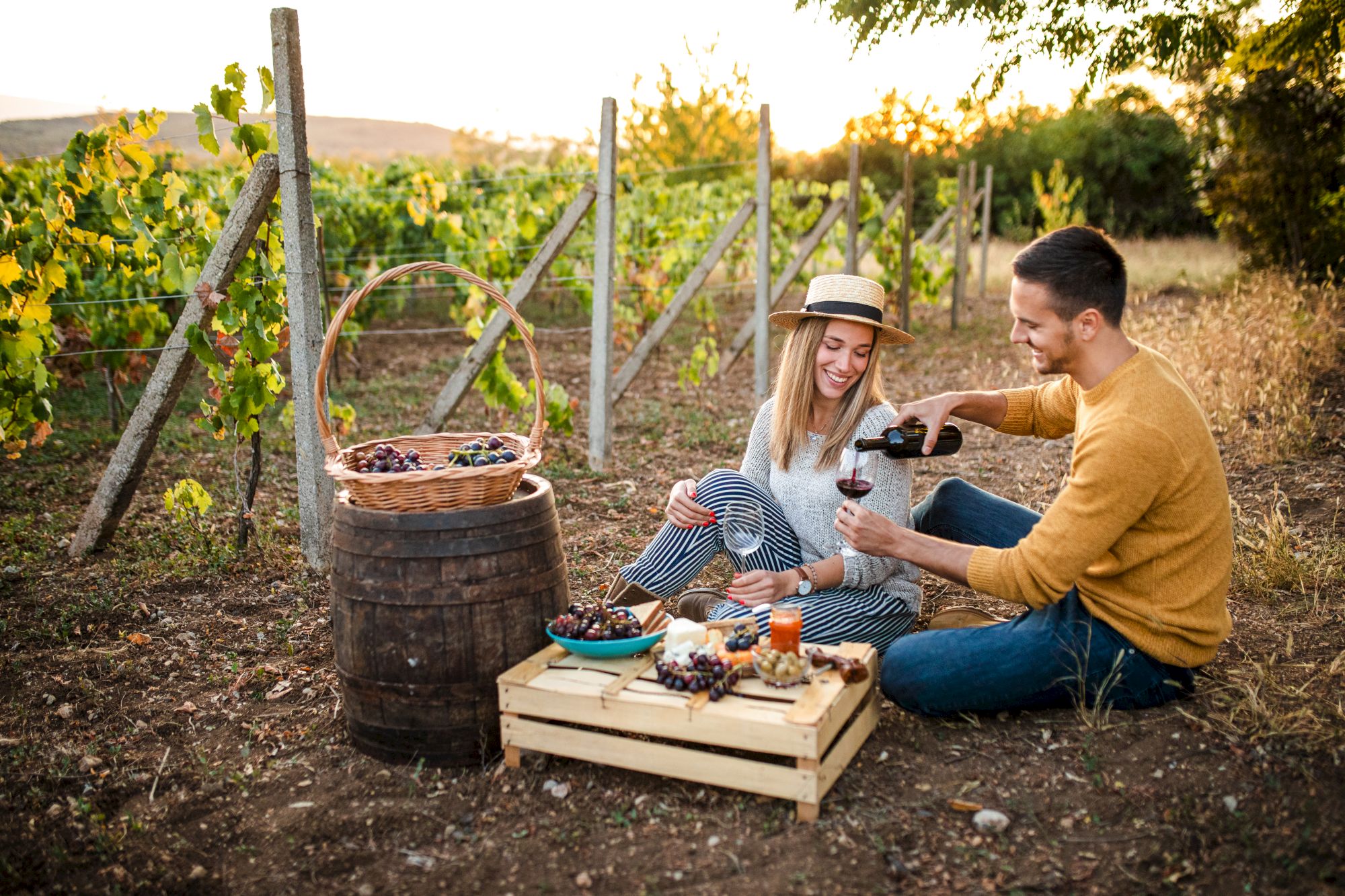 A couple enjoys a picnic in a vineyard, sharing wine and snacks in a cozy outdoor setting.