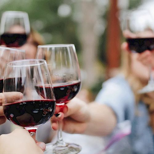 People raising glasses of red wine in a toast, possibly celebrating or enjoying a gathering outdoors.