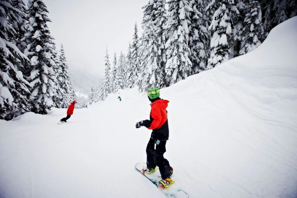 People are snowboarding down a snowy slope surrounded by snow-covered trees.
