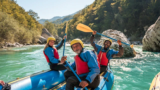Three people in a raft paddle down a river, wearing helmets and life jackets, surrounded by trees and rocks.