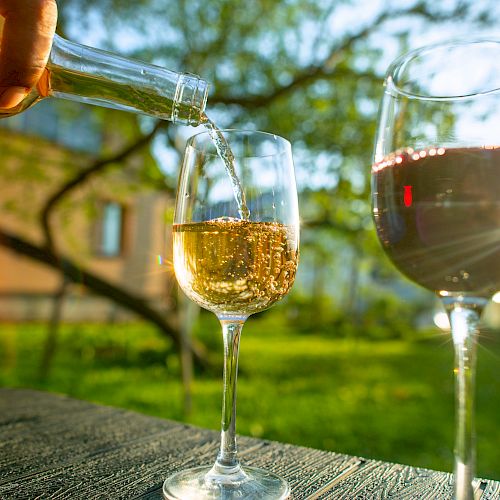 A person pours white wine into a glass beside another glass containing red wine, set on a table outdoors in a garden.