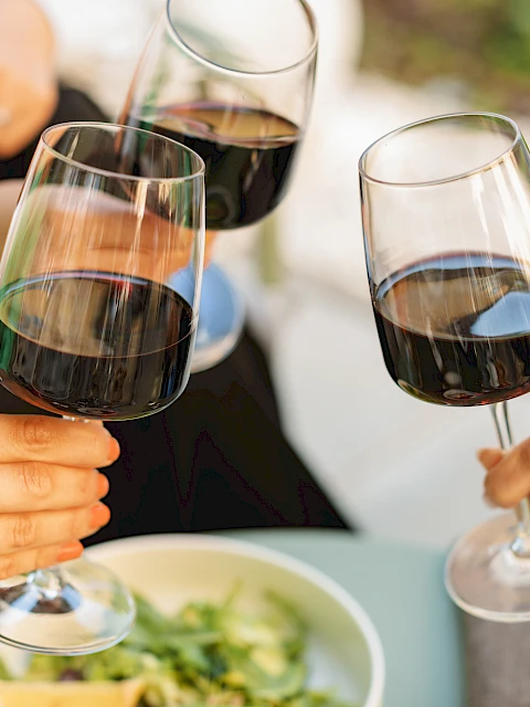 Three people are clinking glasses of red wine over a table with a salad.