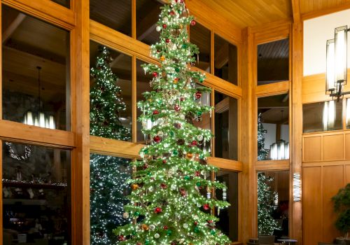 A tall Christmas tree with lights and ornaments stands in a wooden interior with large windows and cozy furniture.