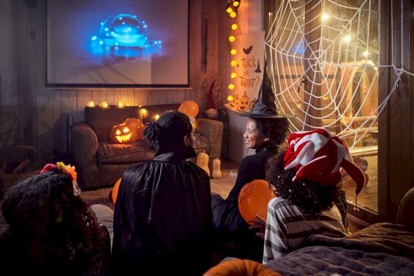 A cozy Halloween-themed room with people in costumes watching a movie. Decorations include spider webs, pumpkins, and string lights.