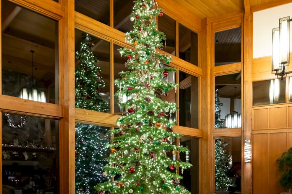A tall Christmas tree with lights and ornaments stands in a wooden interior, surrounded by large windows and lit chandeliers.